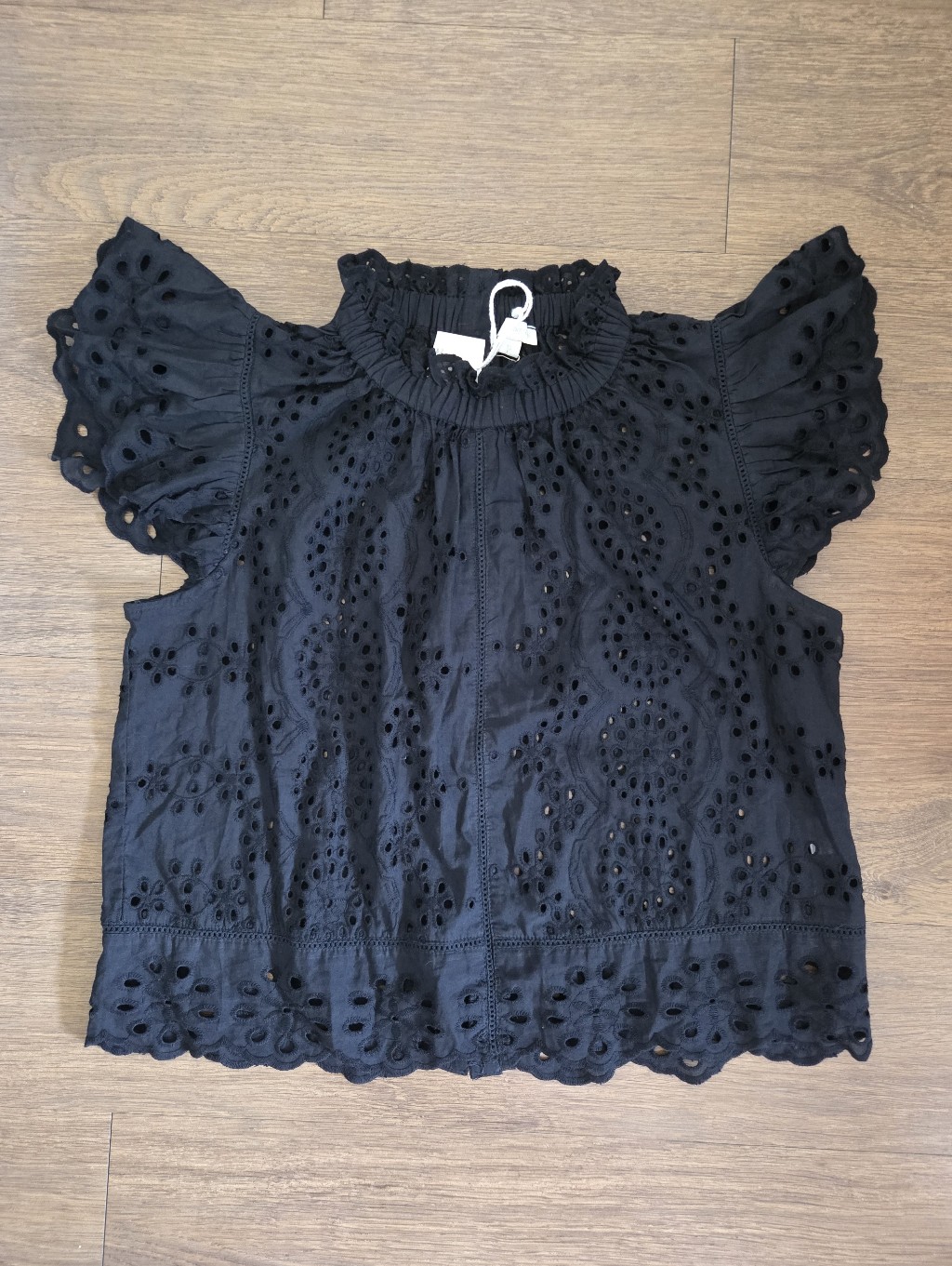 Jennifer Grace Black Blouse Intricate Eyelet Embroidery Ruffle Cap Sleeves